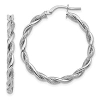 Thumbnail for 14k White Gold Large 3mm Polished & Diamond-cut Twisted Hoops
