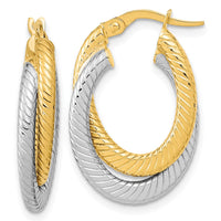 Thumbnail for 14k Two-tone Polished Textured Double Oval Hoop Earrings