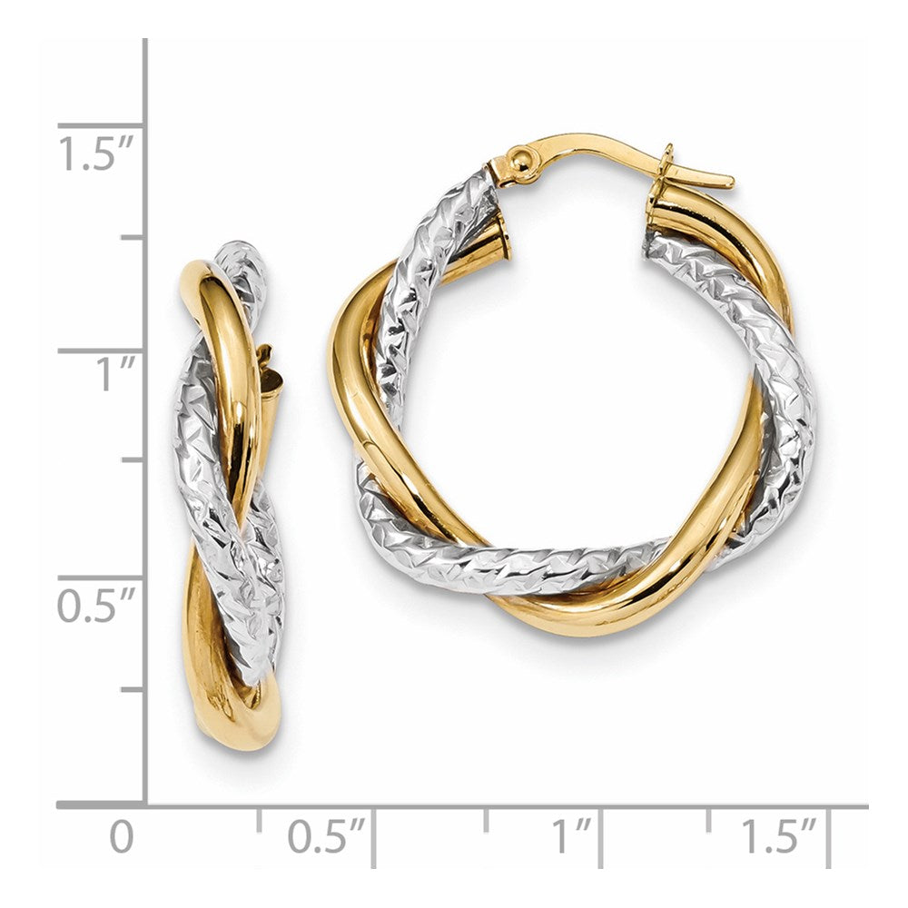 14k Two-tone Polished and Textured Twisted Hoop Earrings