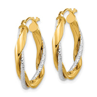 Thumbnail for 14k Two-tone Polished Rope Twisted Oval Hoop Earrings