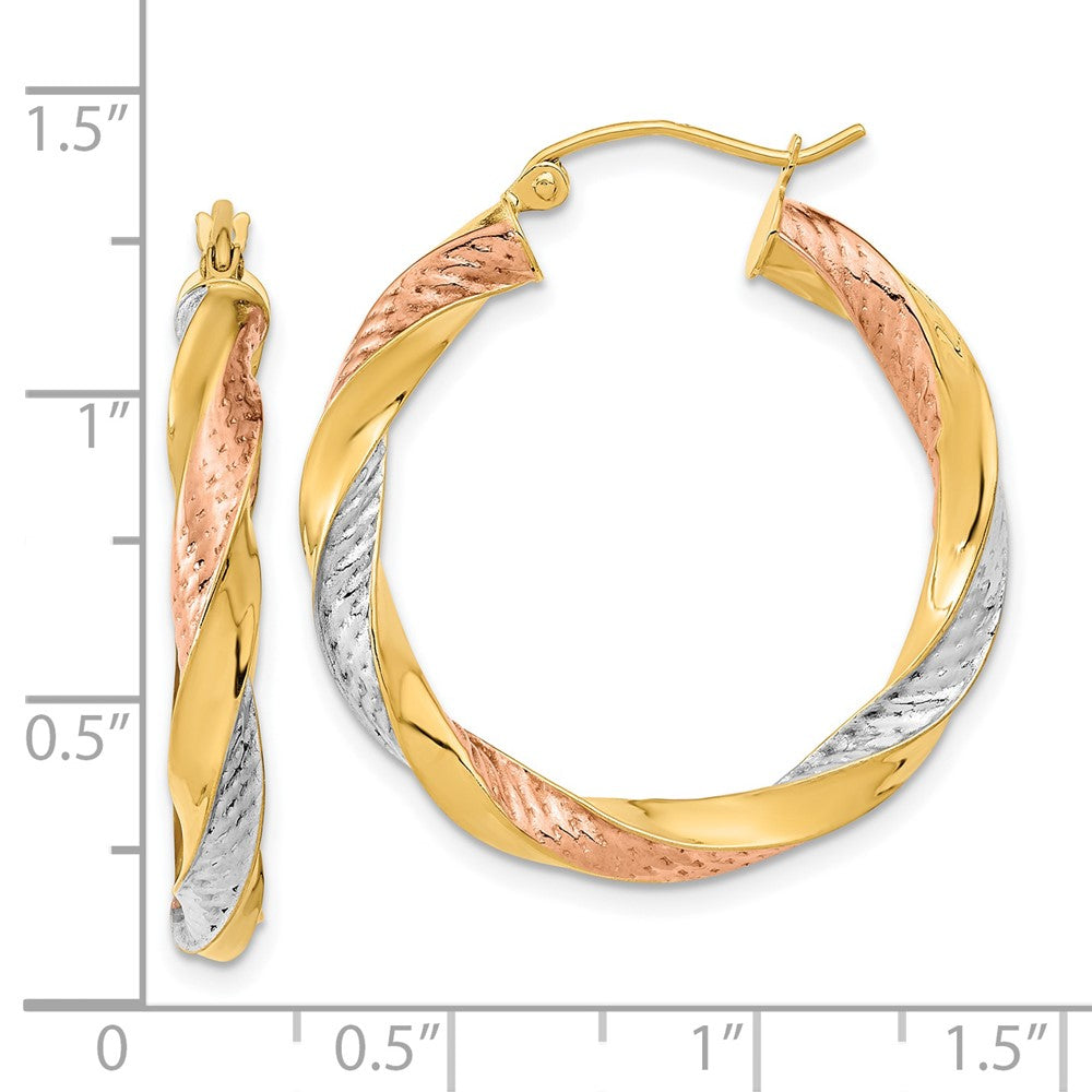 14k Tri-color Polished & D/C Twist Hoop Earrings