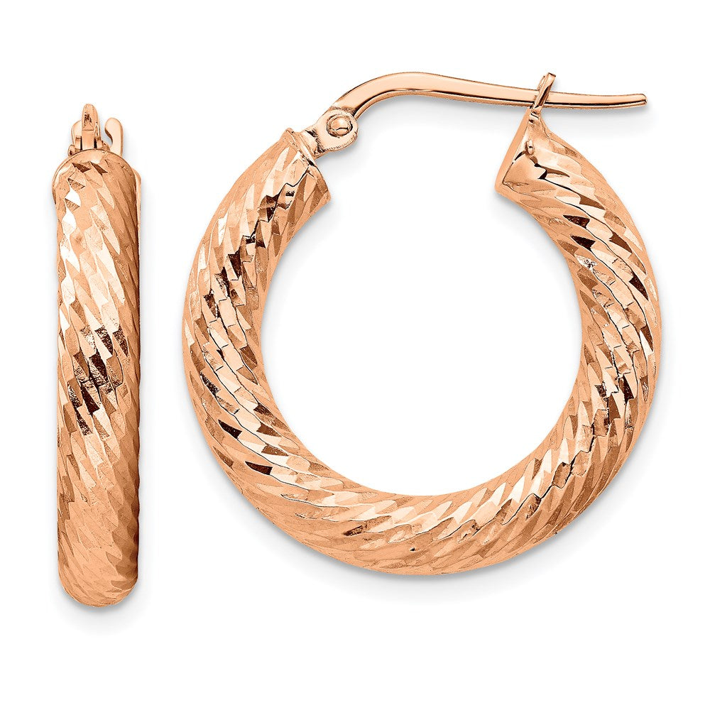 14k 4x15mm Rose Gold Diamond-cut Round Hoop Earrings