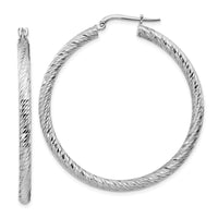 Thumbnail for 14k 3x35mm White Gold Diamond-cut Round Hoop Earrings