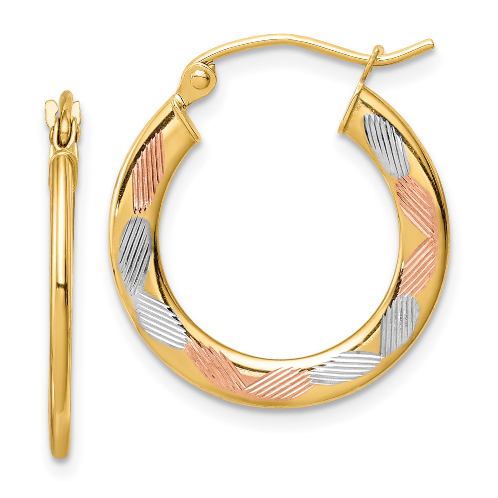 14k w/White and Rose Rhodium Diamond-cut Hoop Earrings