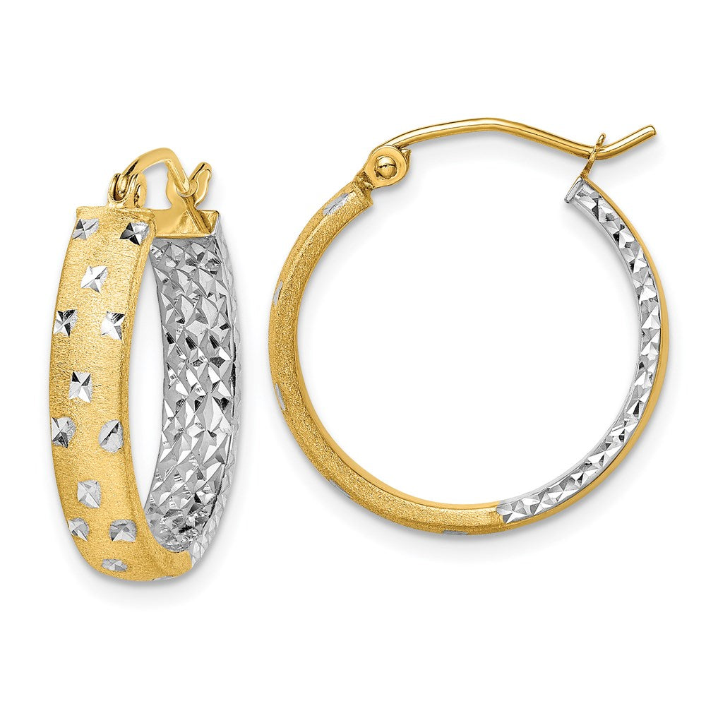 14k w/White Rhodium Satin Polished Diamond-cut In/Out Hoop Earrings