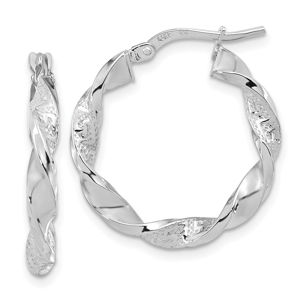 14k Polished and Textured Twisted 3mm Hoop Earrings