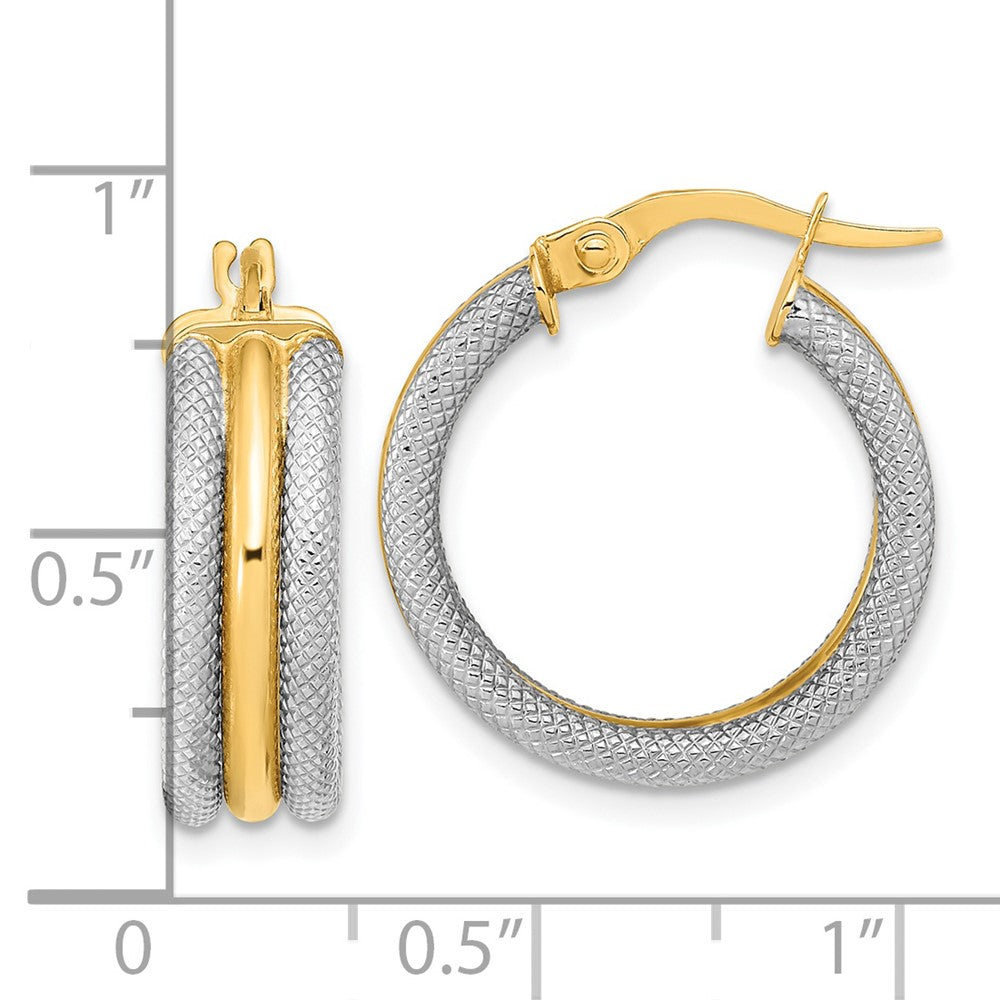 14K White Gold w/ Rose Rhodium Polished and Textured Hoop Earrings