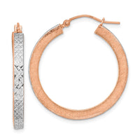Thumbnail for 14K Rose Gold White Rhodium Polished Brushed Diamond-cut Hoop Earrings