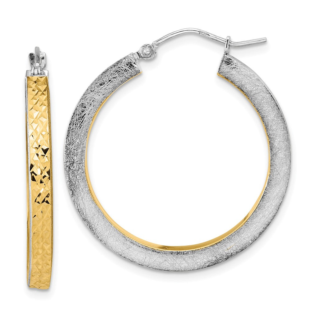 14K Rose Gold White Rhodium Polished Brushed Diamond-cut Hoop Earrings