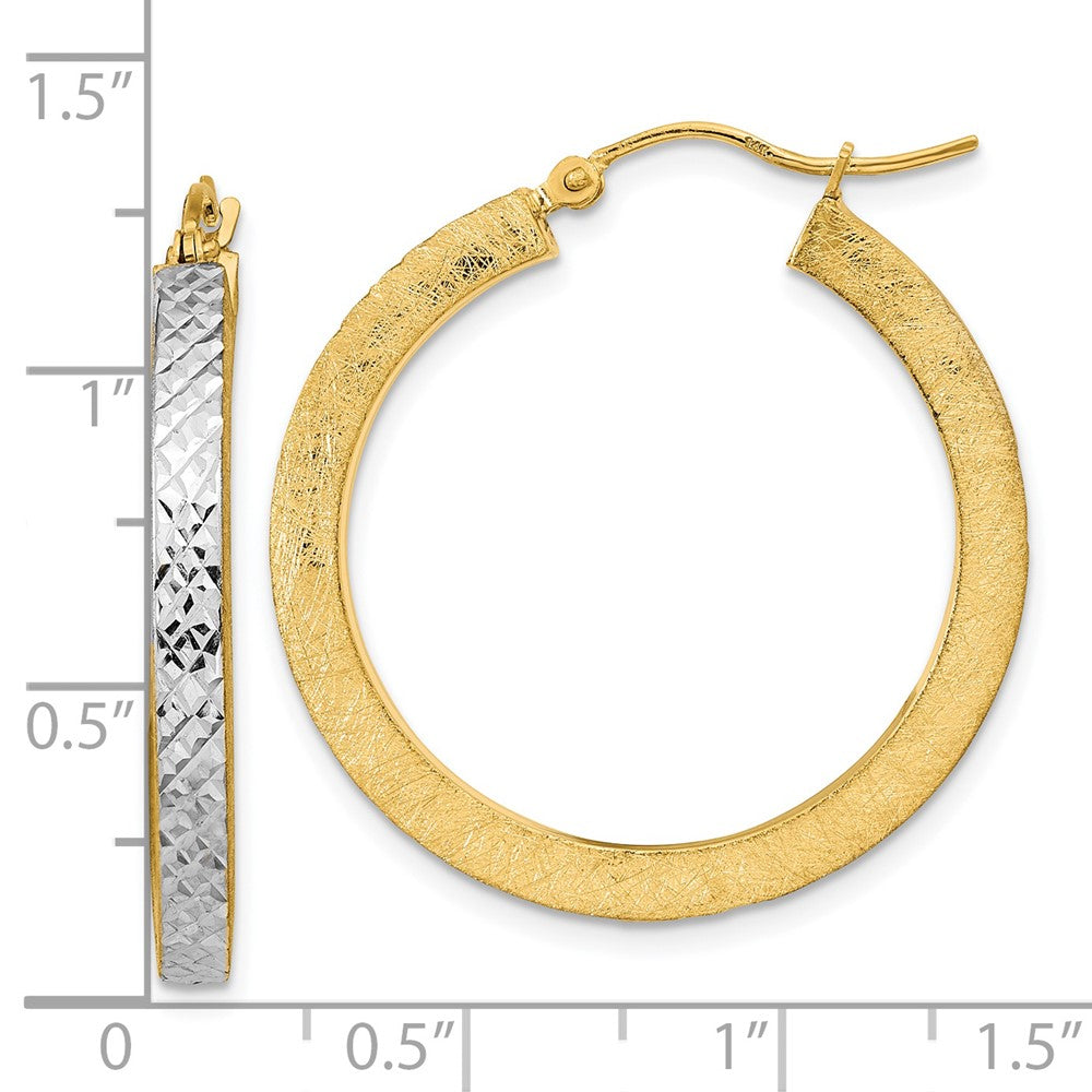 14K Rose Gold White Rhodium Polished Brushed Diamond-cut Hoop Earrings