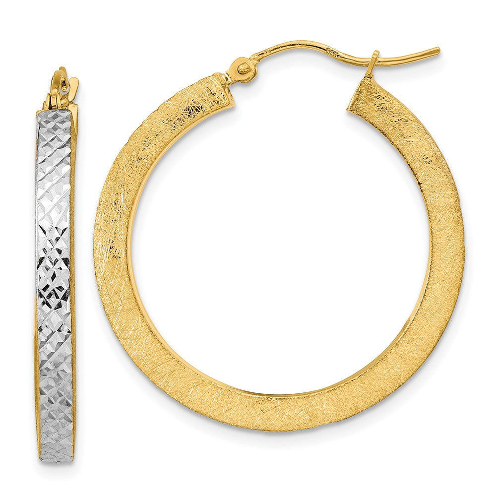 14K Rose Gold White Rhodium Polished Brushed Diamond-cut Hoop Earrings
