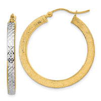 Thumbnail for 14K Rose Gold White Rhodium Polished Brushed Diamond-cut Hoop Earrings