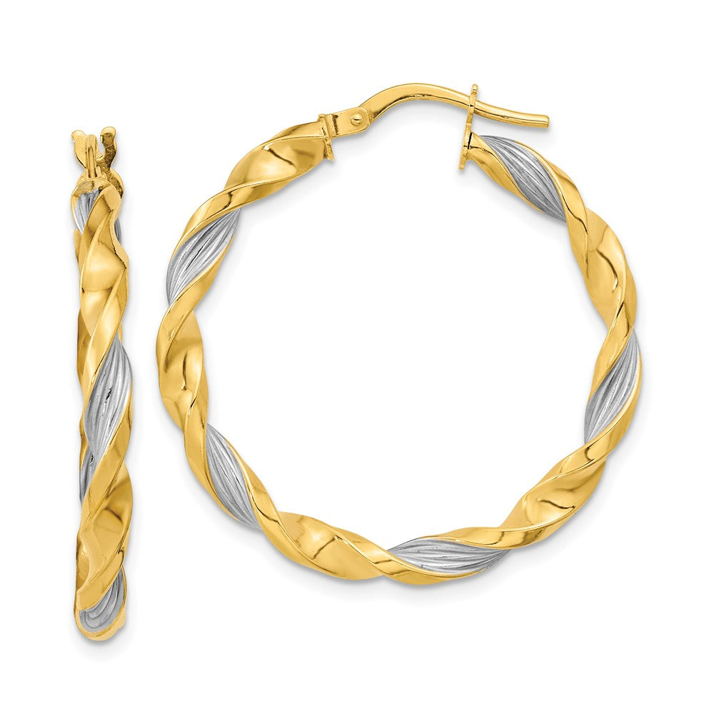 14K & White Rhodium Textured & Twist Hoop Earrings