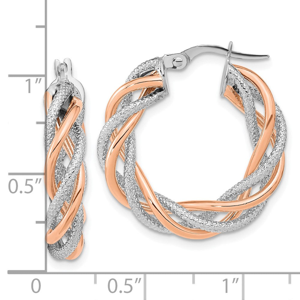 14k White Gold Rose Rhod 5x25mm Textured Twisted Hoop Earrings