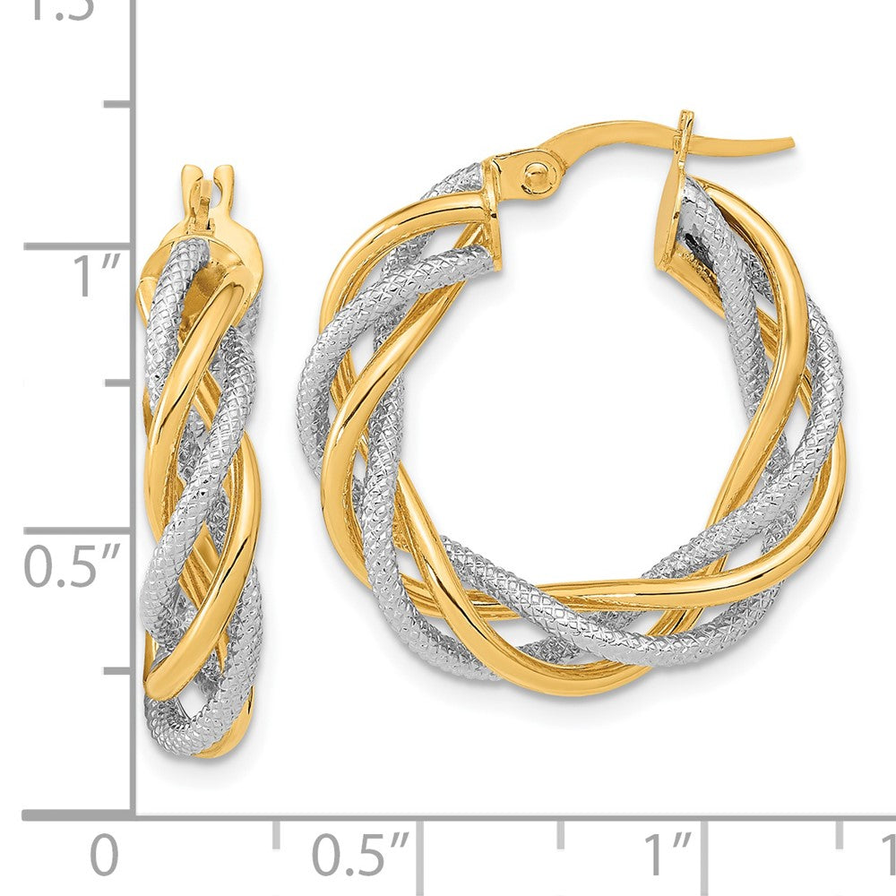 14k White Gold Rose Rhod 5x25mm Textured Twisted Hoop Earrings