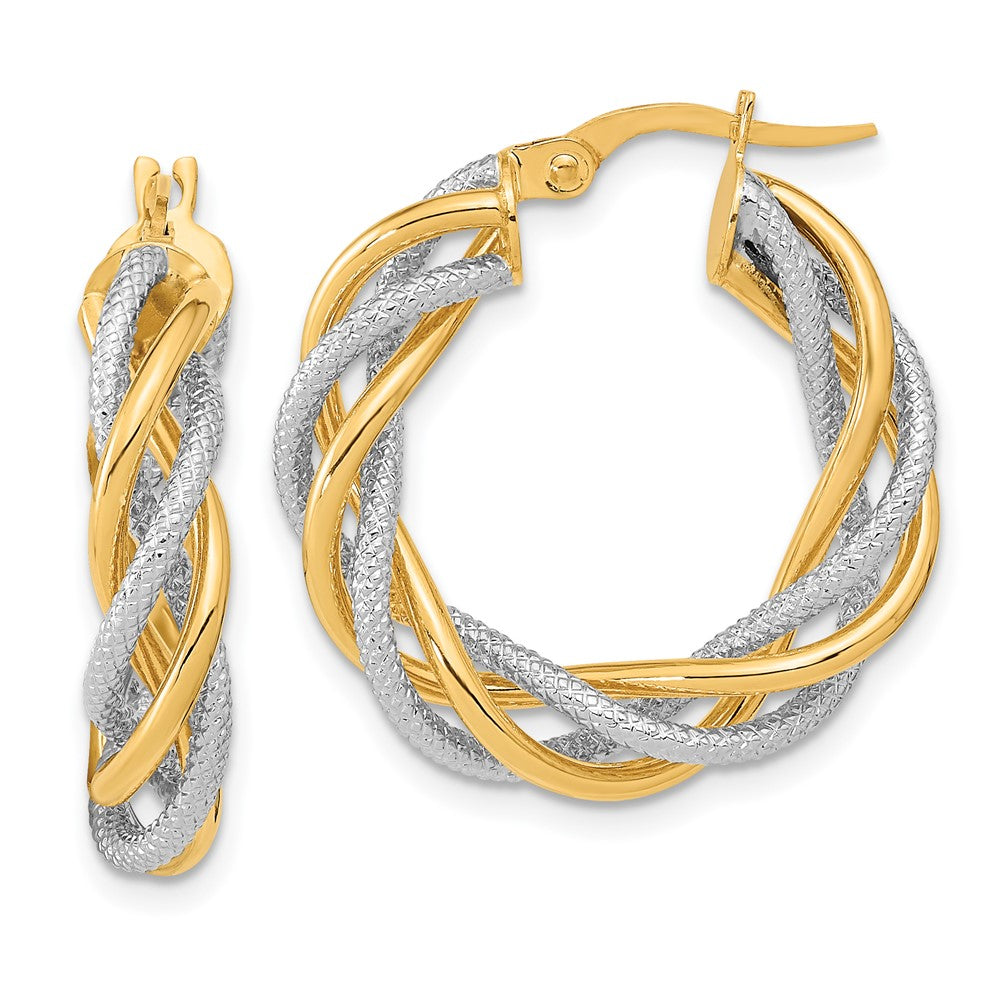 14k White Gold Rose Rhod 5x25mm Textured Twisted Hoop Earrings