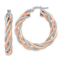 Thumbnail for 14k White Gold Rose Rhodium 5x30mm Textured Twisted Hoop Earrings