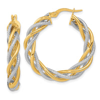 Thumbnail for 14k White Gold Rose Rhodium 5x30mm Textured Twisted Hoop Earrings