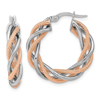 Thumbnail for 14K White Gold Rose Rhodium Polished and Textured Twisted Hoop Earrings