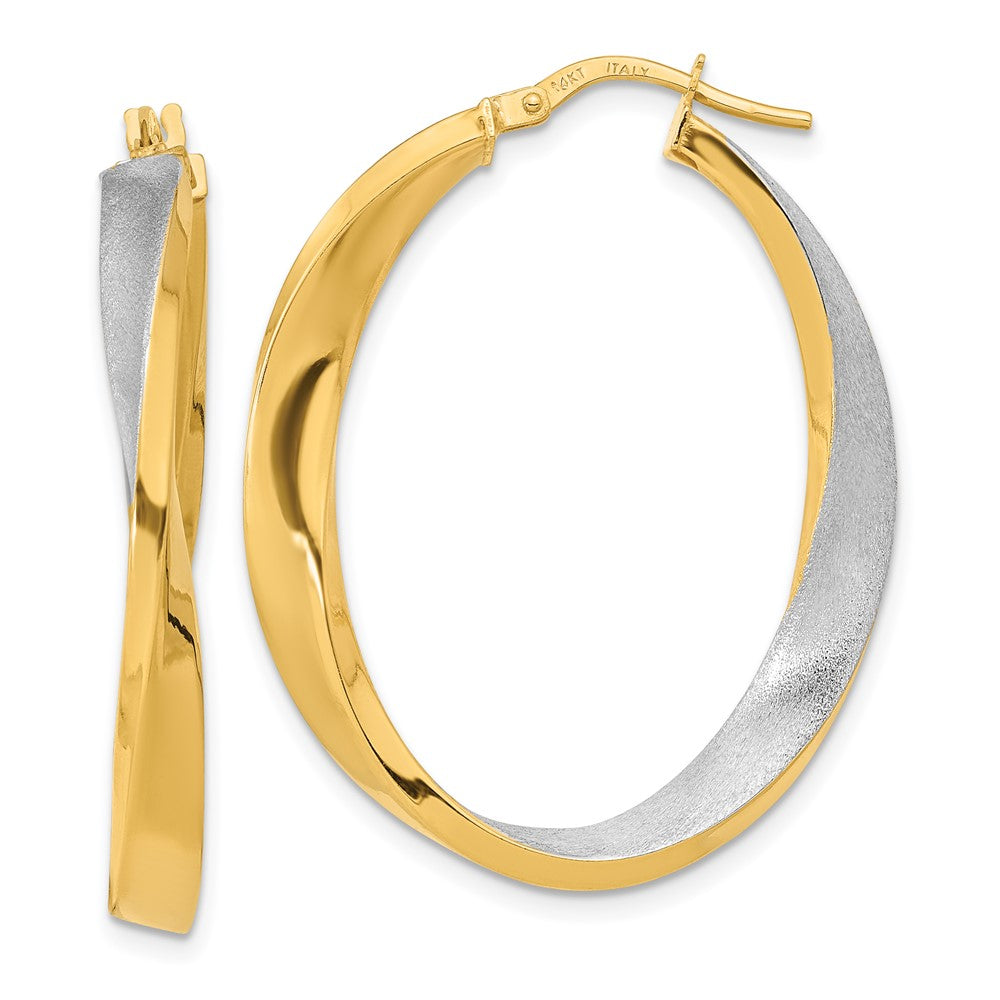 14K w/White Rhodium Polished and Satin Oval Twist Hoop Earrings