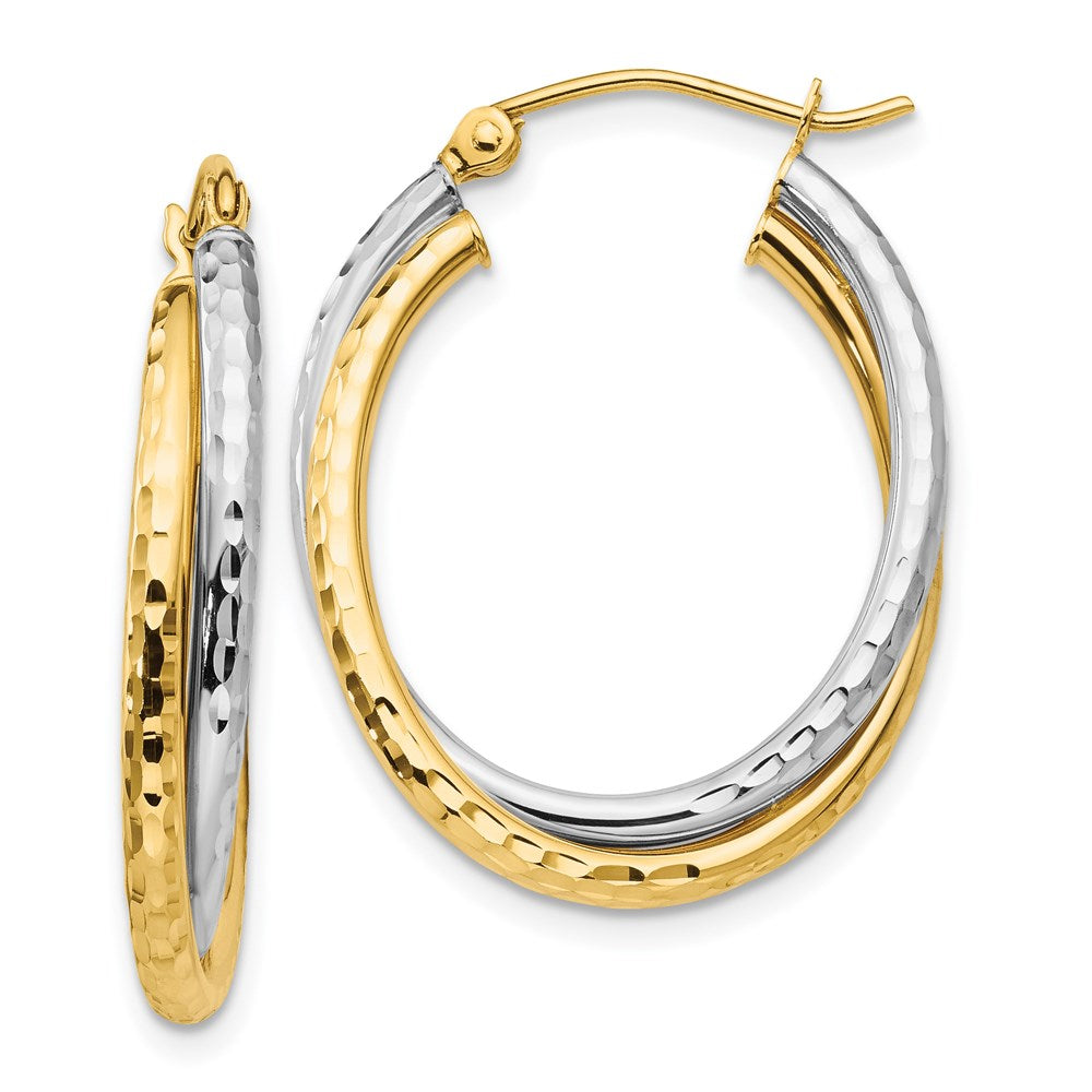 14k Two-tone Diamond-cut Polished Oval Hoop Earring