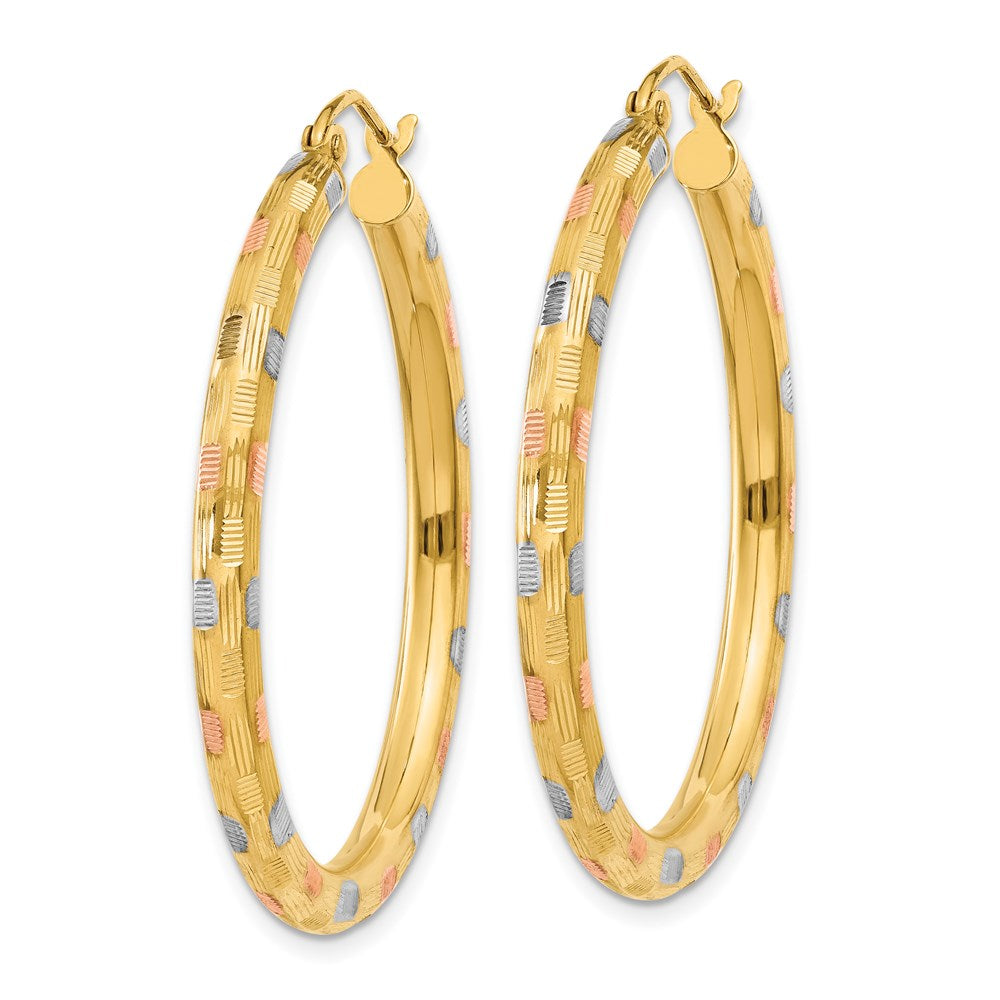 14k w/White and Rose Rhodium Textured Hoop Earrings