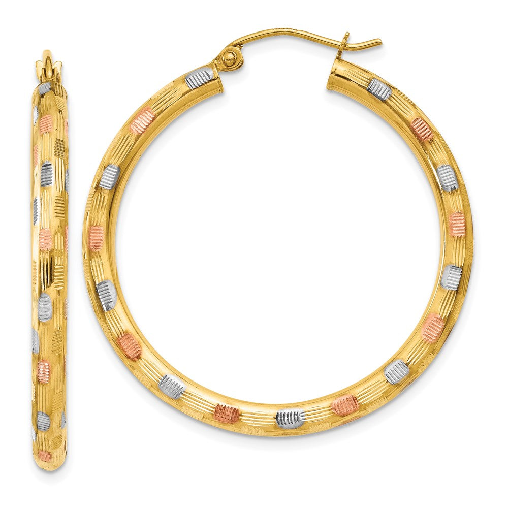 14k w/White and Rose Rhodium Textured Hoop Earrings
