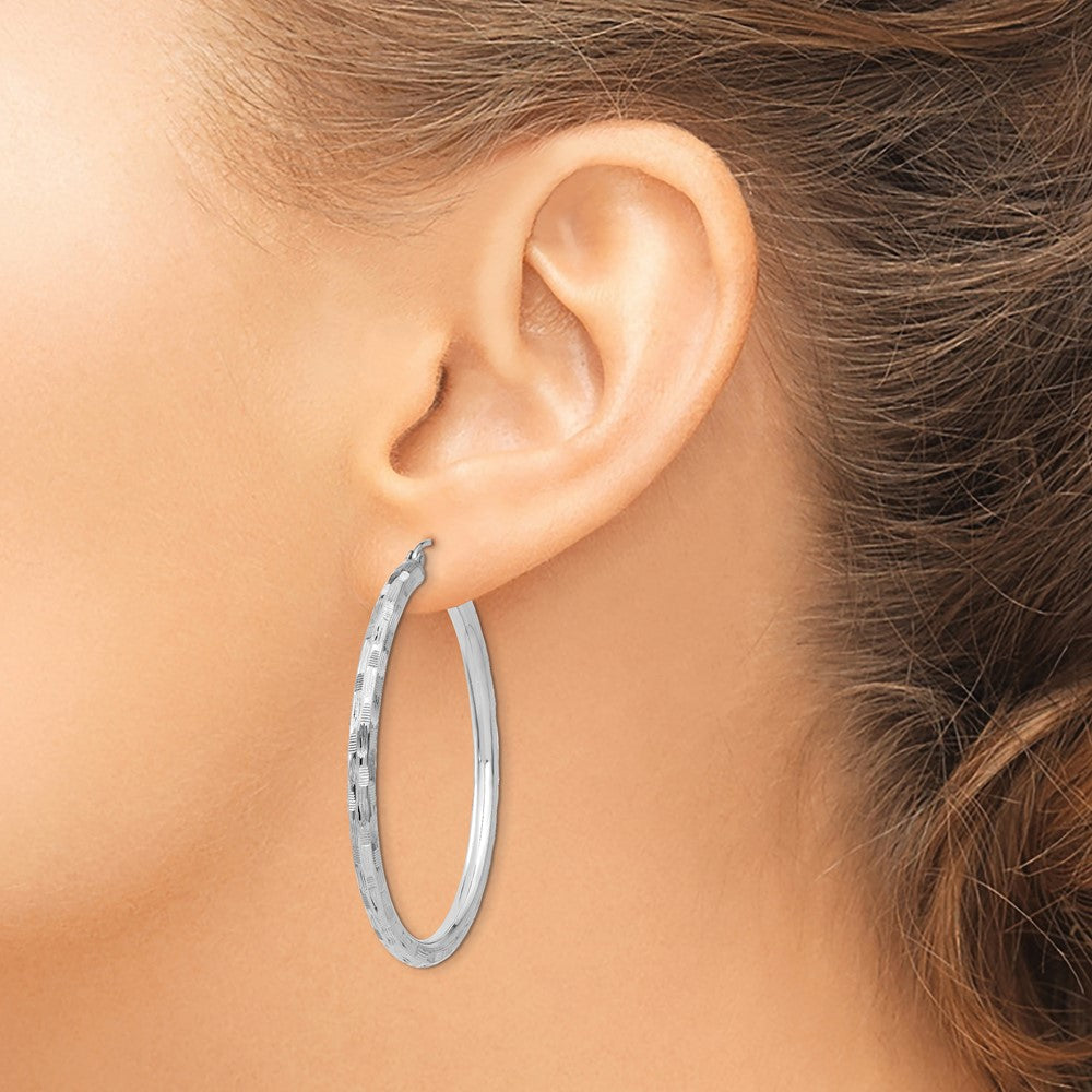 14k White Gold Diamond-cut Hoop Earrings