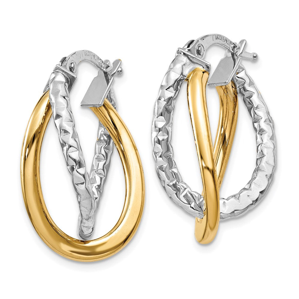 14K Two-tone Polished/Textured Post Hoop Earring