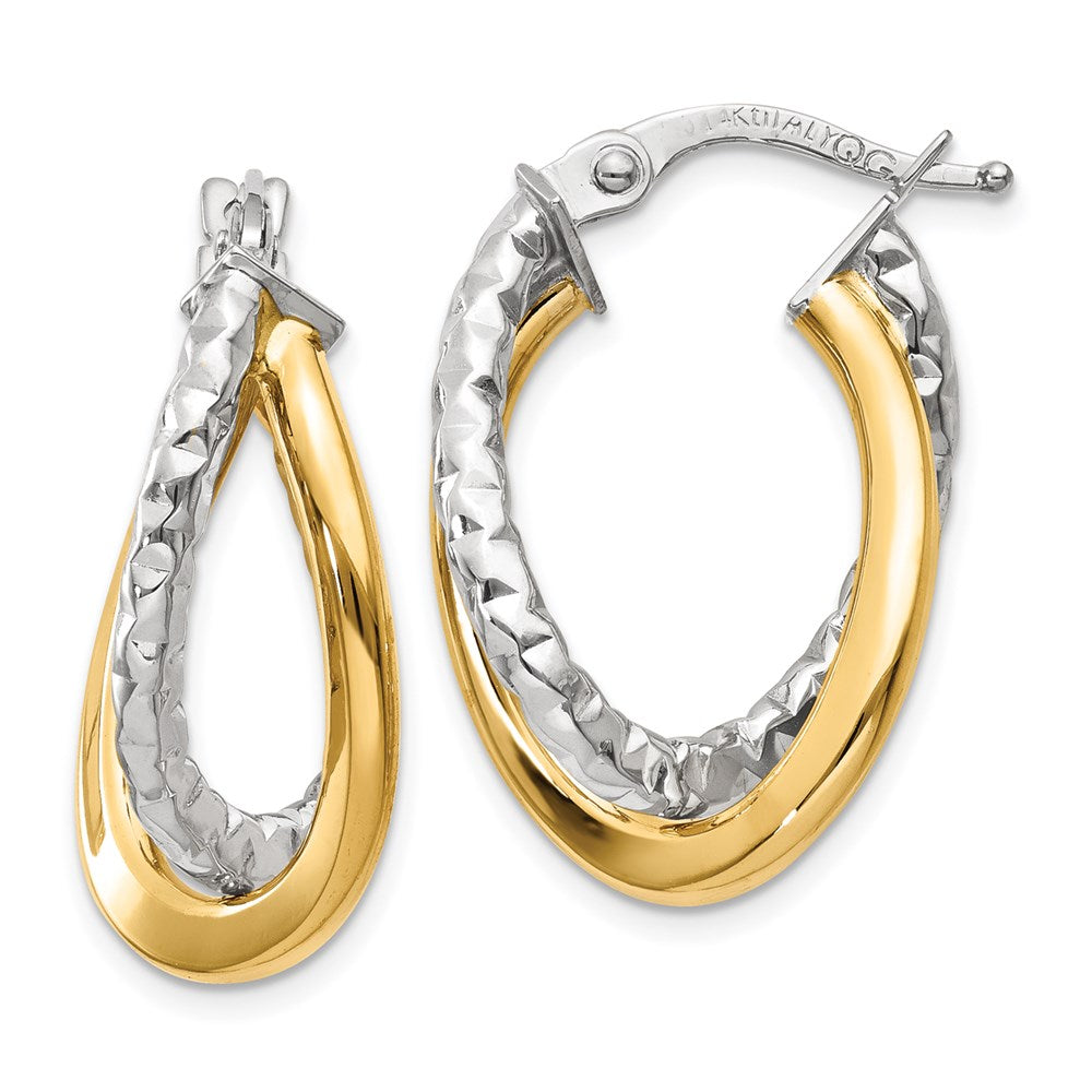 14K Two-tone Polished/Textured Post Hoop Earring