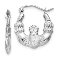Thumbnail for 14k White Gold Satin and Diamond-cut Claddagh Hoop Earrings