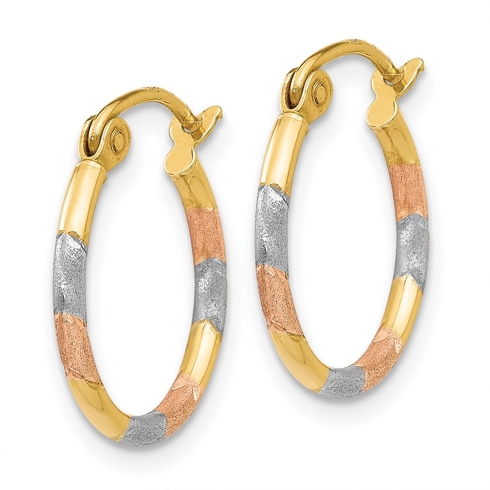14K w/White and Rose Rhodium 1.5mm Diamond Cut Hoop Earrings