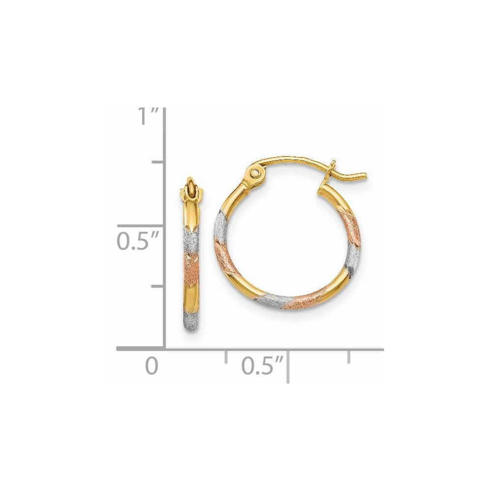 14K w/White and Rose Rhodium 1.5mm Diamond Cut Hoop Earrings