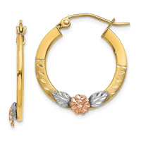 Thumbnail for 14K Yellow & Rose Gold w/ Rhodium Diamond Cut Flower Hoop Earrings