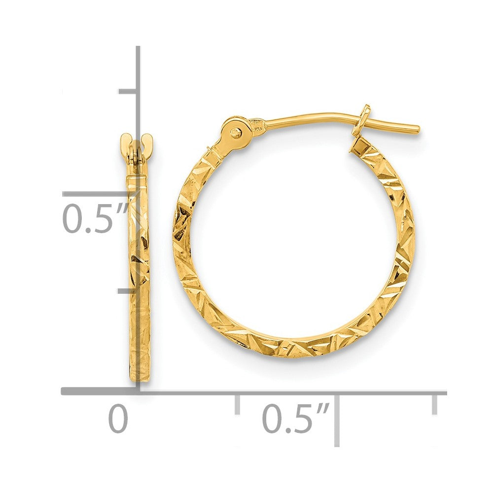 14K Polished Diamond Cut Texture Design Hoop Earrings