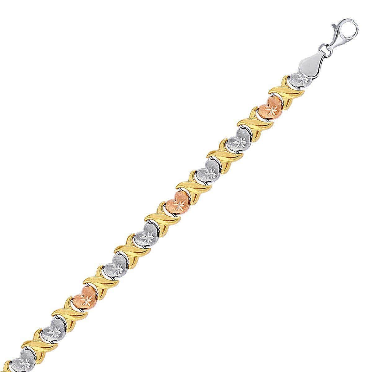 14k Yellow and Rose Gold and Sterling Silver Diamond Cut Heart Chain Bracelet Bracelets Angelucci Jewelry   