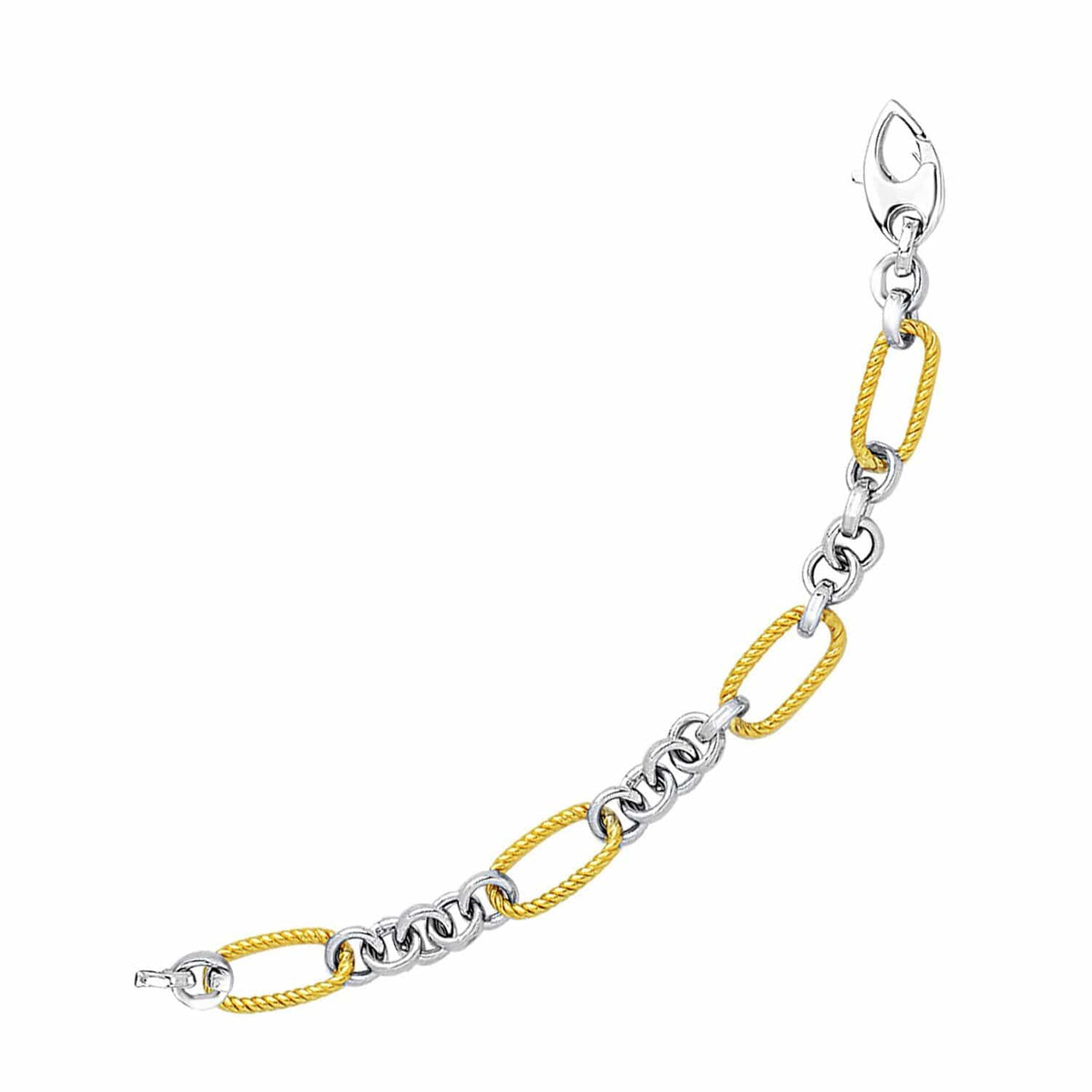 14k Two-Tone Gold Bracelet with Cable Textured Oval and Round Links Bracelets Angelucci Jewelry   