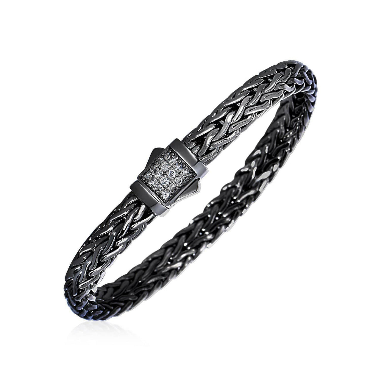 Woven Rope Bracelet with White Sapphire and Black Finish in Sterling Silver Bracelets Angelucci Jewelry   