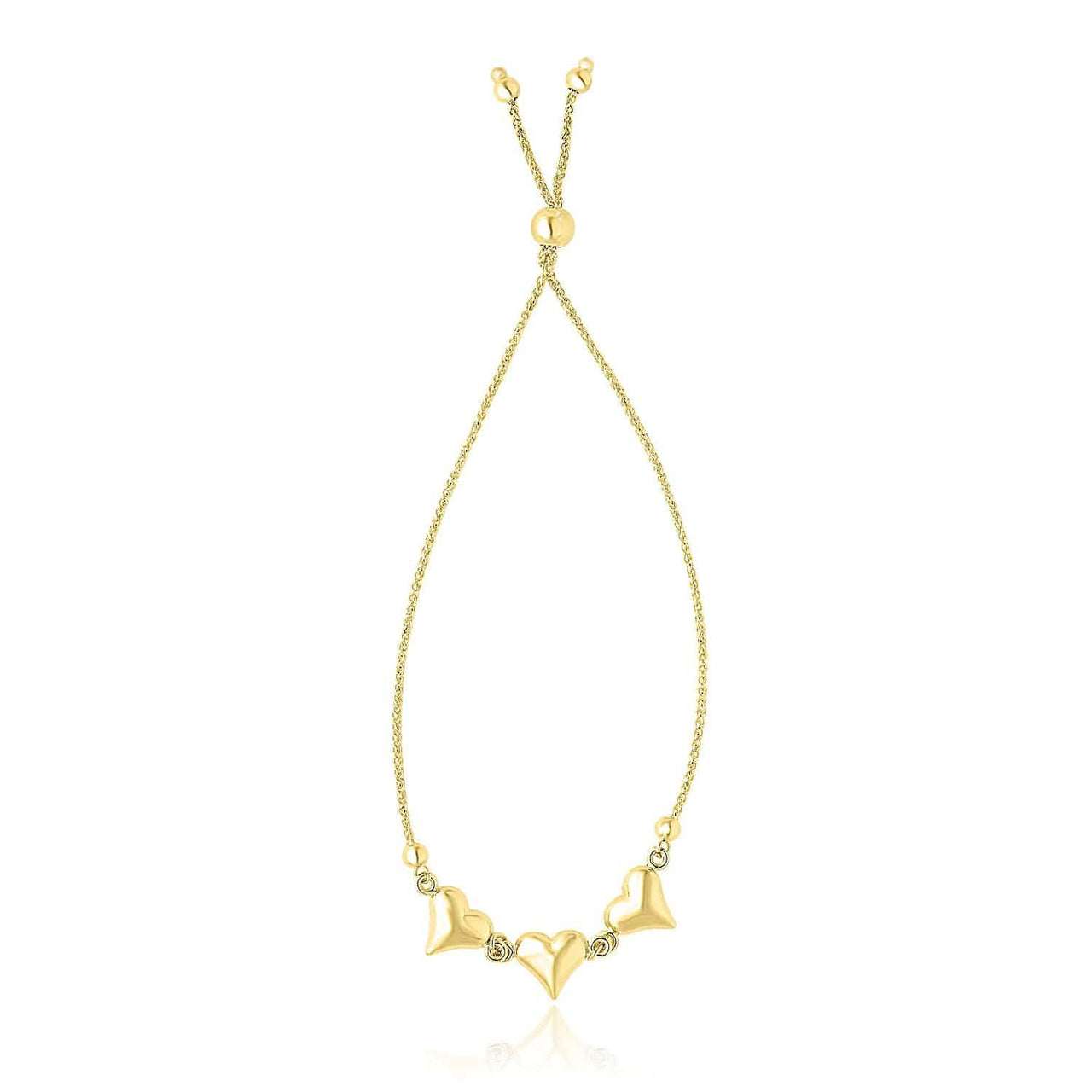 14k Yellow Gold Adjustable Puffed Heart Stations Lariat Style Bracelet Bracelets Angelucci Jewelry   