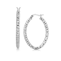 Thumbnail for Sterling Silver Diamond Cut Textured Oval Hoop Earrings with Rhodium Plating Earrings Angelucci Jewelry   