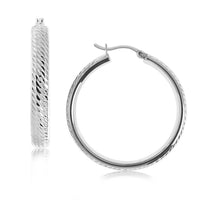 Thumbnail for Sterling Silver Rhodium Plated Hoop Marquise Motif Diamond Cut  Earrings (30mm) Earrings Angelucci Jewelry   