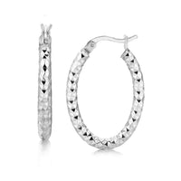 Thumbnail for Sterling Silver Thick Oval Motif Hoop Diamond Cut Earrings with Rhodium Plating Earrings Angelucci Jewelry   