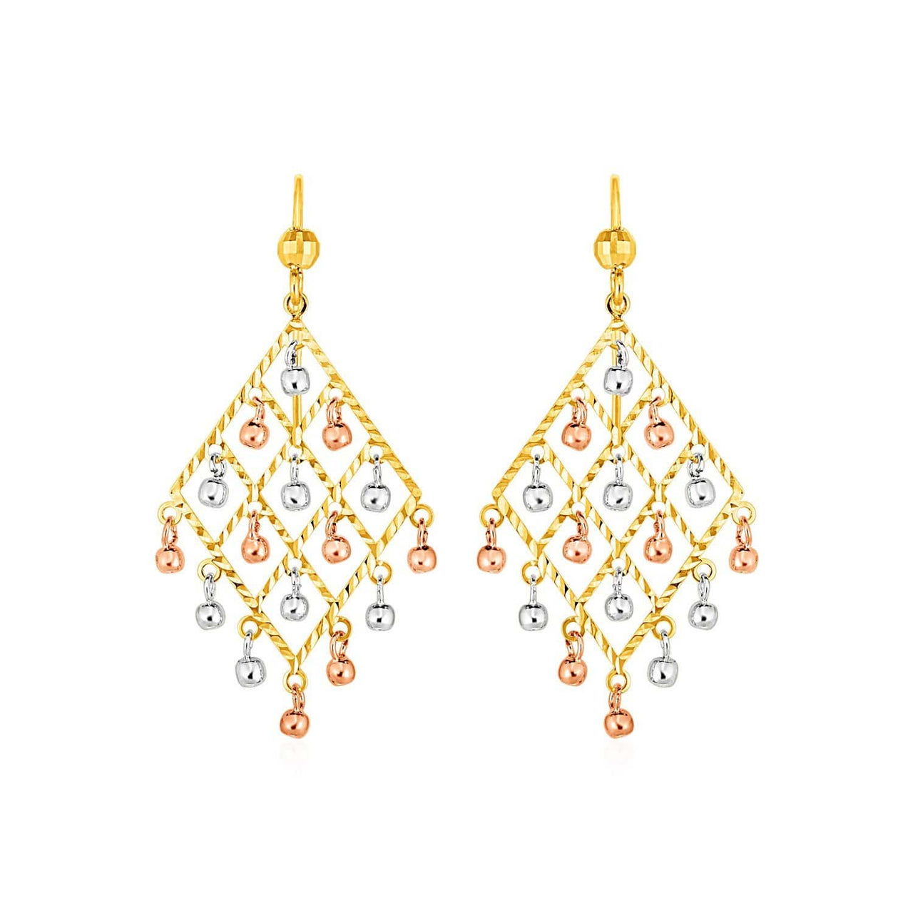 Textured Chandelier Earrings with Ball Drops in 14k Tri Color Gold Earrings Angelucci Jewelry   