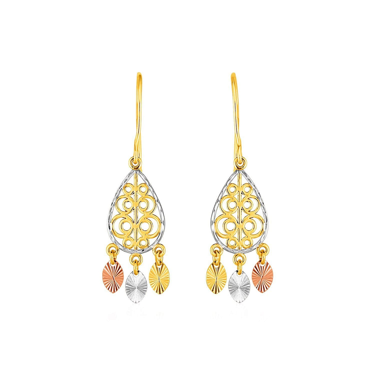 Textured Teardrop Chandelier Earrings in 14k Tri Color Gold Earrings Angelucci Jewelry   