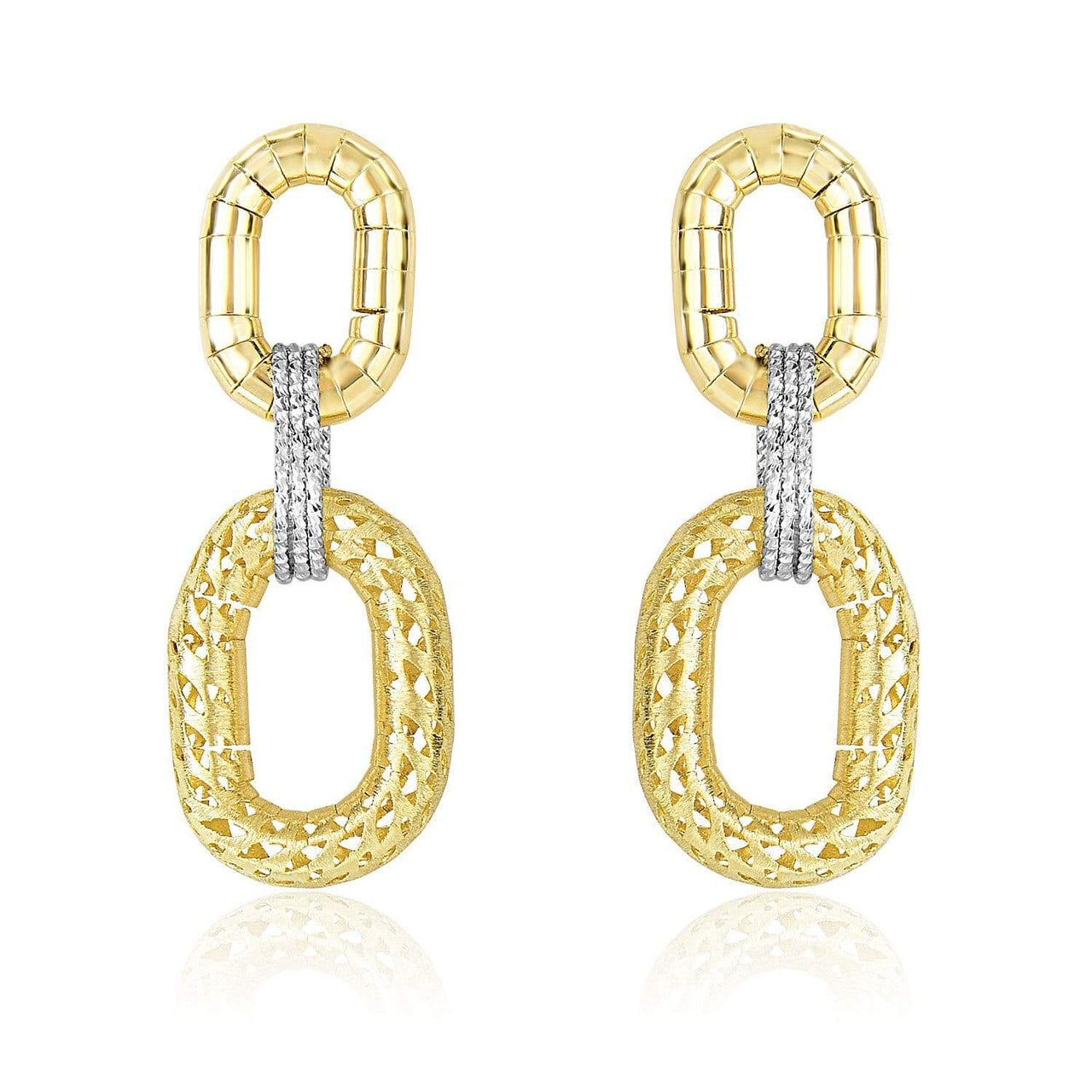14k Two-Tone Gold Diamond Cut Texture Oval Shape Drop Earrings Earrings Angelucci Jewelry   