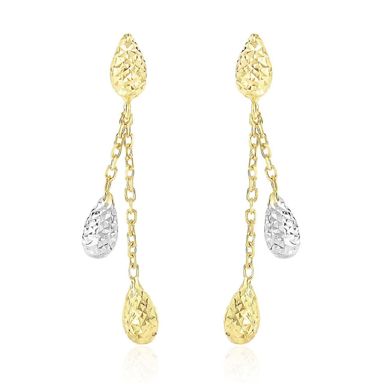 14k Two-Tone Gold Double Row Chain Earrings with Diamond Cut Teardrops Earrings Angelucci Jewelry   