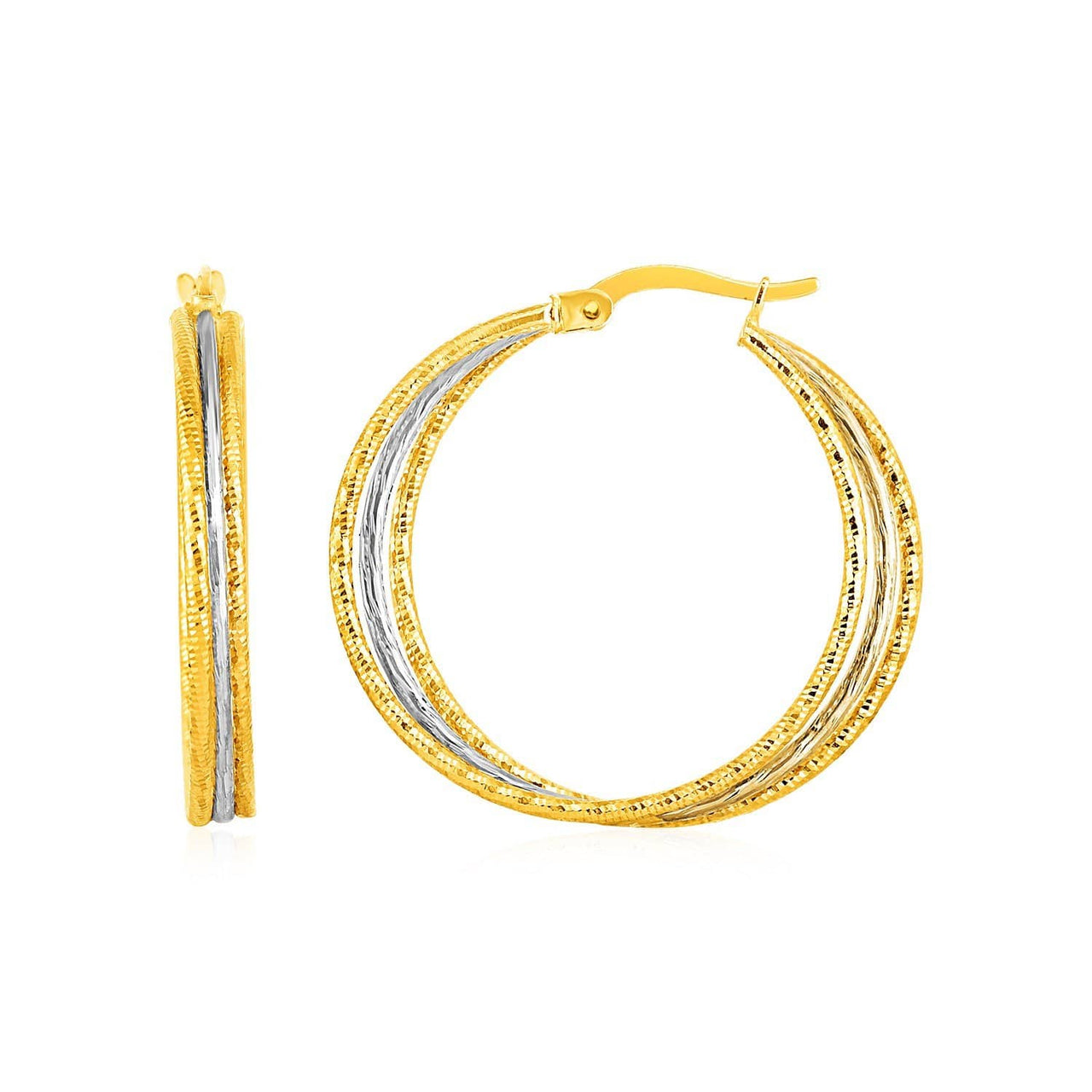 Three Part Textured Hoop Earrings in 14k Yellow and White Gold Earrings Angelucci Jewelry   