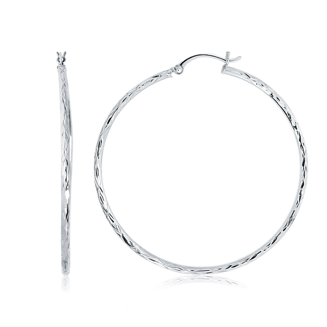 14k White Gold Diamond Cut Hoop Earrings (1 3/4 inch Diameter) Earrings Angelucci Jewelry   