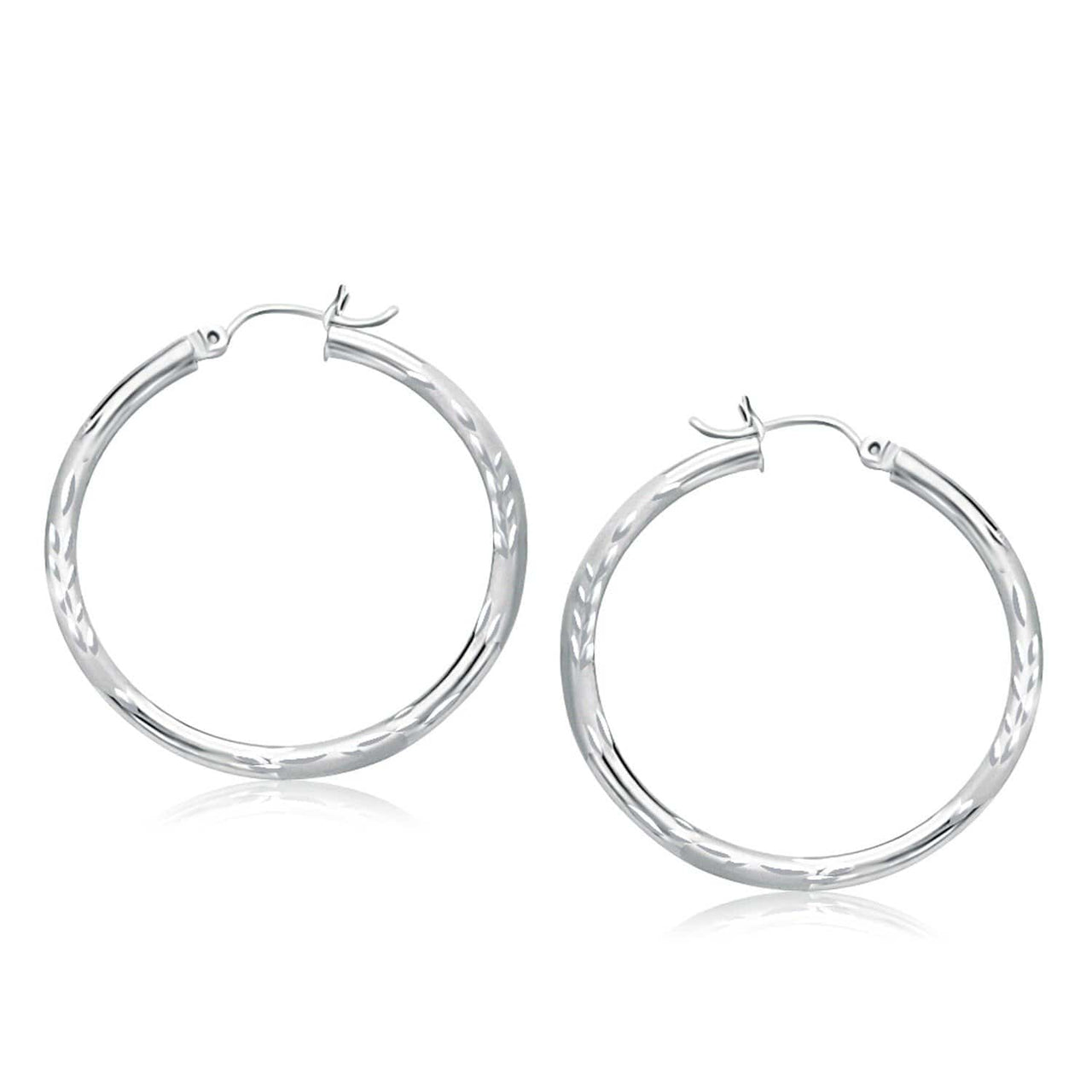 14k White Gold Fancy Diamond Cut Hoop Earrings (35mm Diameter) Earrings Angelucci Jewelry   