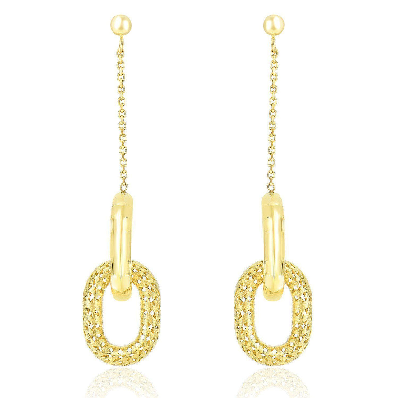 14k Yellow Gold Chain and Oval Motif Weave Style Dangling Earrings Earrings Angelucci Jewelry   